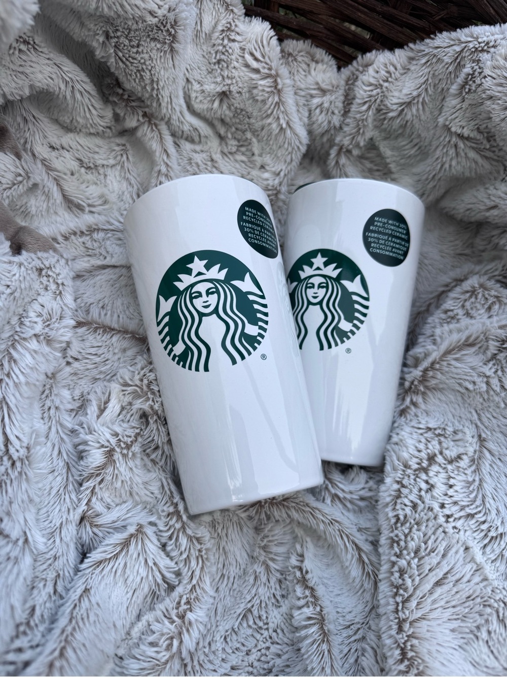 Starbucks White Ceramic Cups with Green Siren Logo - Pair